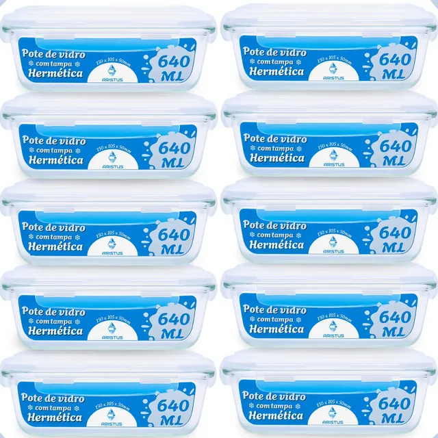 Kit 10 Potes Vidro 640ml Hermético Tampas 4 Travas Cozinha Branco