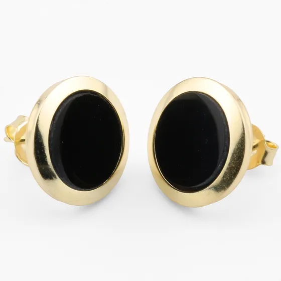 Aretes Broquel Círculo De Ónix Natural Oro Solido 10k 12 Mm