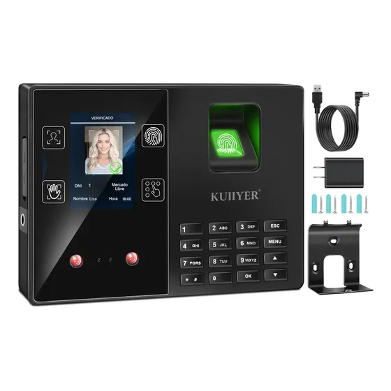 Kuiiyer® Reloj Checador Huella 4 En 1 Con Detección Facial Para Empleados Pequeños Reconocimiento Facial, Escaneo De Dedos, Huellas Palmares Y Contraseñas, Máquina De Tarjetas De Tiempo