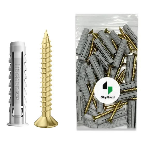 Tarugo Fischer Espiga Sx 8 Para Ladrillo Hueco + Tornillo Fix 5x45mm | Combo Fijaciones De Uso Domestico Y Profesional | Bolsa Skyhard Por 50 unidades