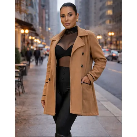 Casaco Sobretudo Lã Batida Inverno Elegante Com Botões Bolso Bege 36-38 Lisa