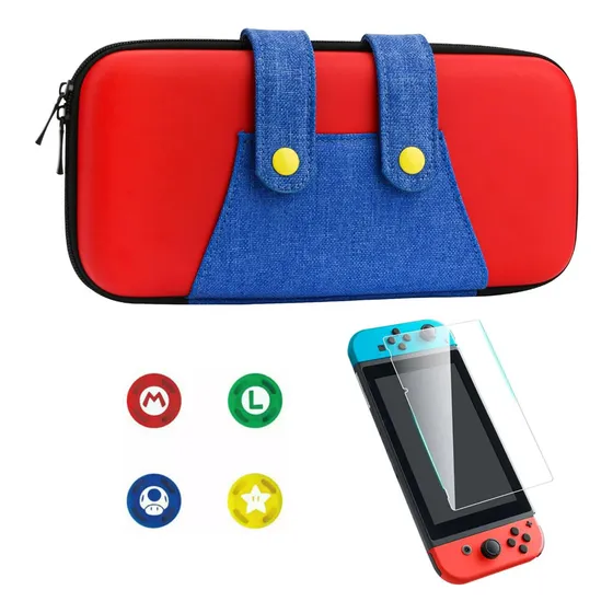 Case Nintendo Switch V1 V2 Mario + 4 Grips + Película Vidro