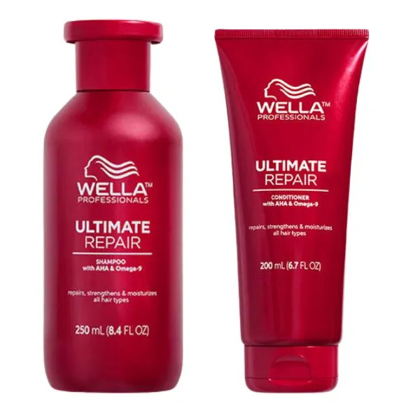 Kit de tratamento capilar Wella Professionals Ultimate Repair contendo um frasco de shampoo de 250ml e um tubo de condicionador de 200ml na cor vermelha