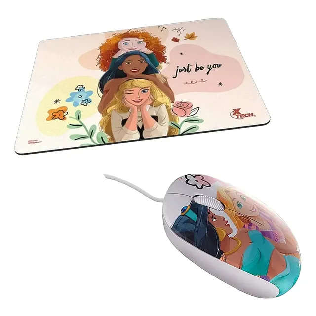 Mouse Princesas Disney Xtech + Mousepad Infantil Pc Cable