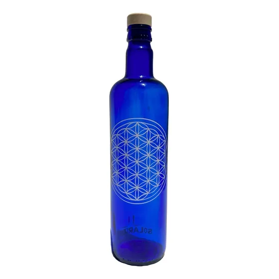 Botella De Vidrio Azul C/ Corcho Agua Solarizada, 14 Diseños Azul Flor De La Vida