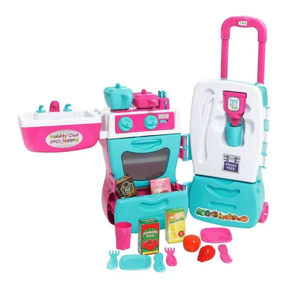 Cozinha Infantil Completa Com Alça Mobility Chef - Tateti Cor Rosa/Verde