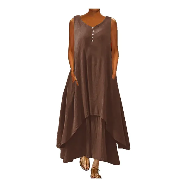Vestido Largo Lino Algodon Para Mujer Verano Casual Boton