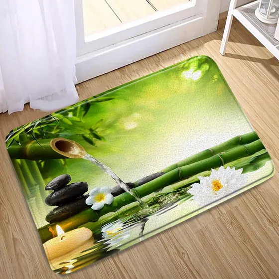 Alfombra Baño Japonesa Vista Al Jardin Flor Loto Bambu Verde
