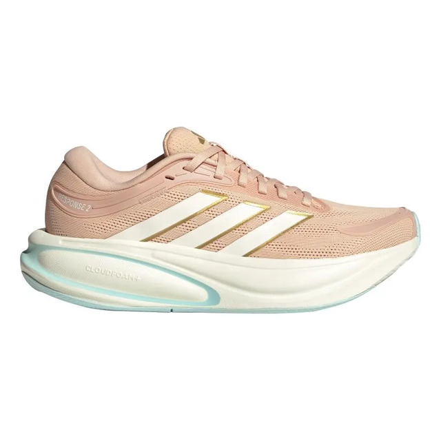 Tênis de corrida adidas Response 2 na cor rosa com detalhes em branco e dourado, visto de perfil lateral.