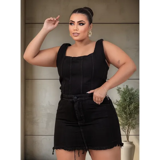 Saia Jeans Preta Plus Size E Cropped Corset Conjunto Jeans