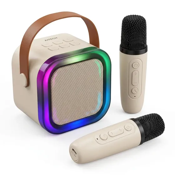 Mini Parlante Bluetooth Inalámbrico 2 Micrófonos Karaoke Luz RGB Aitech Pearl 5w Portatil Recargable Usb Microsd Auxiliar Luces Led Fiesta Niños Cumpleaños Regalo Sonido Altavoz Cabina Reunión Hogar