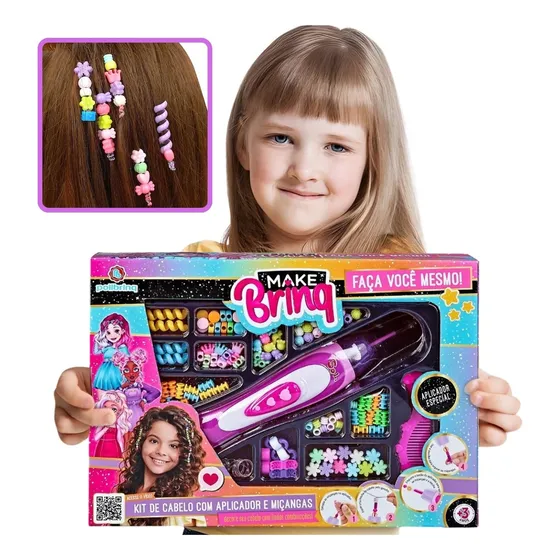 Polibrinq Brinquedo Menina Kit Miçangas Fazer Tranças Cabelo Penteado Rosa