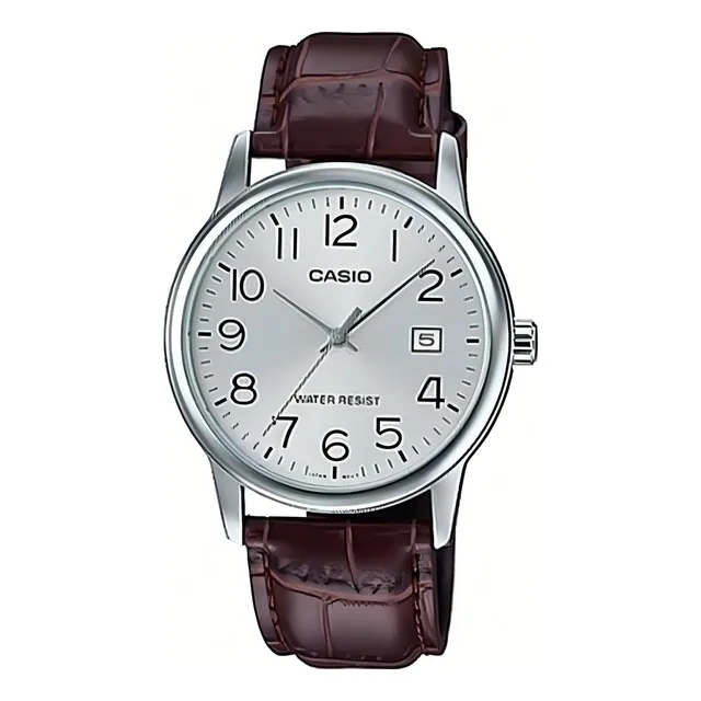 Reloj pulsera Casio MTP-V002D-1B con correa de cuero color marrón - fondo plateado