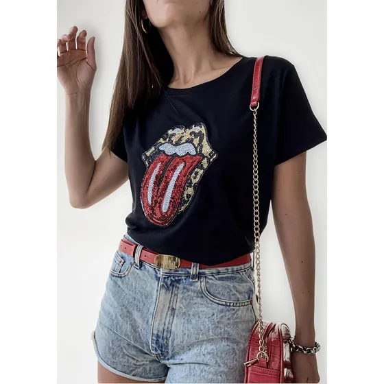 Remera Algodón Mujer C Aplique Bordado Lentejuelas, Rolling