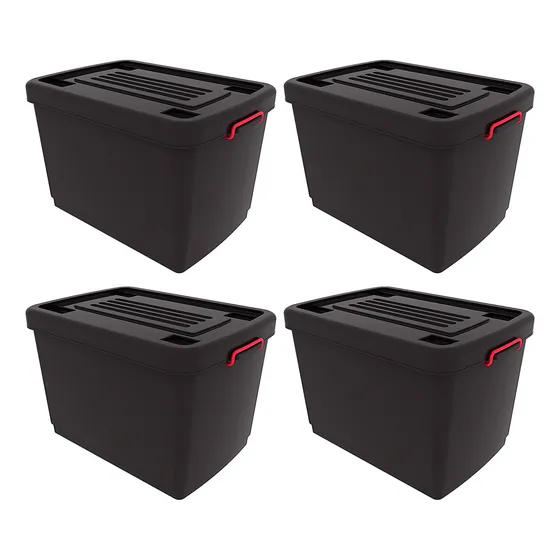 Contenedores Heavy Box 95 Lts De Plástico Con Ruedas Set X4 Color Negro Gardenlife