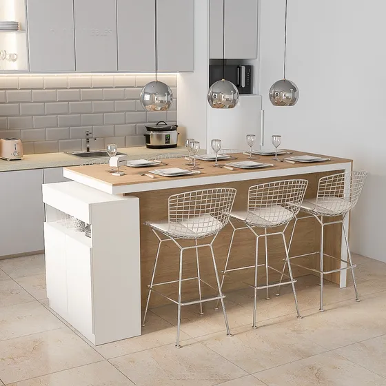 Mesa Barra Desayunador Para 6 Personas Con Cajón Y Puertas