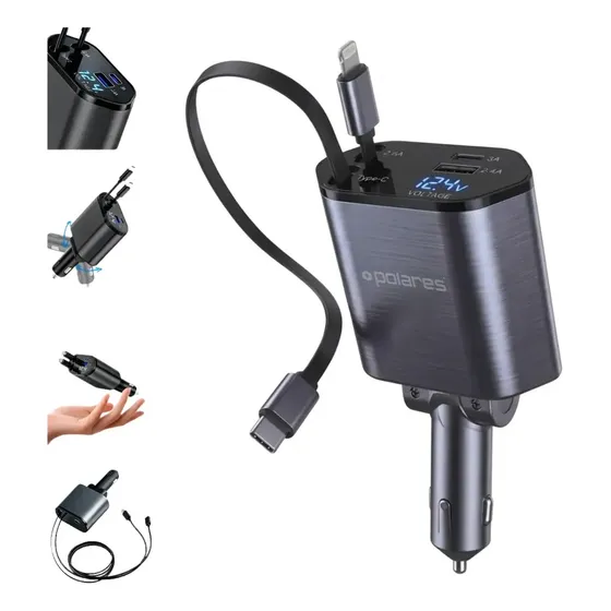 POLARES TO120 Carregador Veicular Turbo Retrátil 4 Em 1 Usb Tipo-c 120w Polares Tomada Compatível Com Iphone Samsung Carro Caminhão Display Digital Led