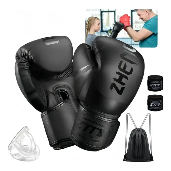 Kit Luva Boxe Muay Thai Profissional +bandagem +bucal+bolsa #14 Preto