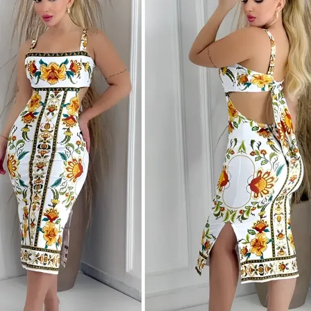 Vestido Feminino Midi Elegante Estiloso Casual Multicolorido Estampado Único 36-42