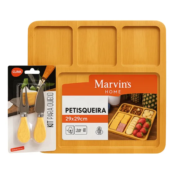 Kit Petisqueira Frios Garfo Divisórias Tábua Petisco Bamboo