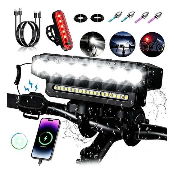 Kit Farol Led Bicicleta Recarregável Impermeável Preto