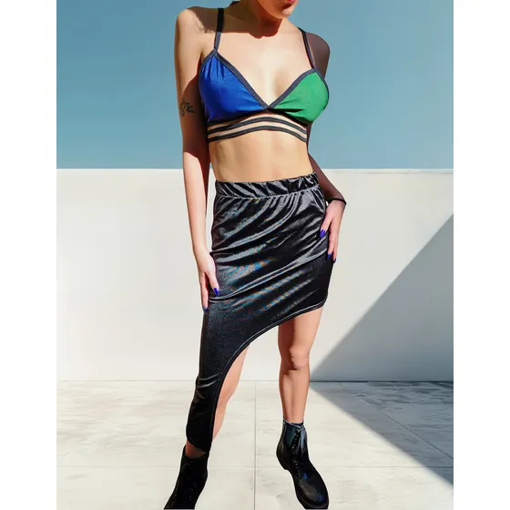 Pollera Falda  Larga Asimetrica Lycra Negra Mujer