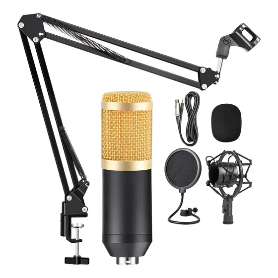 Kit Microfono Omnidireccional Soporte Brazo Antipop Araña 2 Color Negro y Dorado
