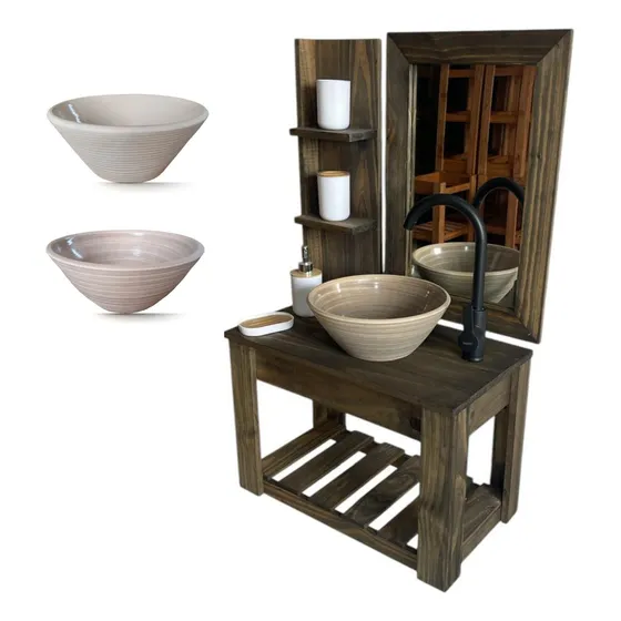 Mueble para baño DF Hogar Campo colgante de apoyo de 60cm de ancho, 40cm de alto y 33cm de profundidad, con bacha color surcos beige y mueble oscuro sin agujeros para grifería