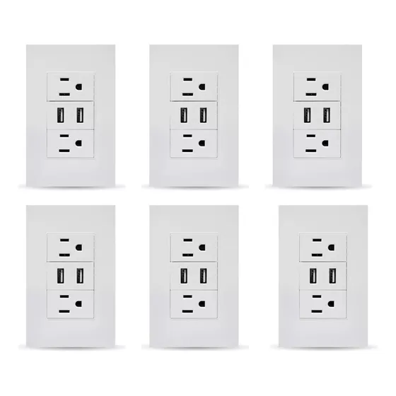 6 Tomacorrientes Contacto Placa Usb Megaluz Blanco Moderno