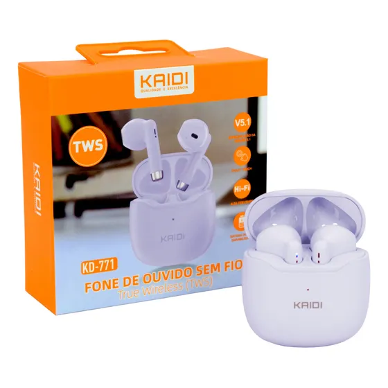 Fone de ouvido in-ear sem fio Kaidi TWS KD-771 KD771 violeta com luz LED