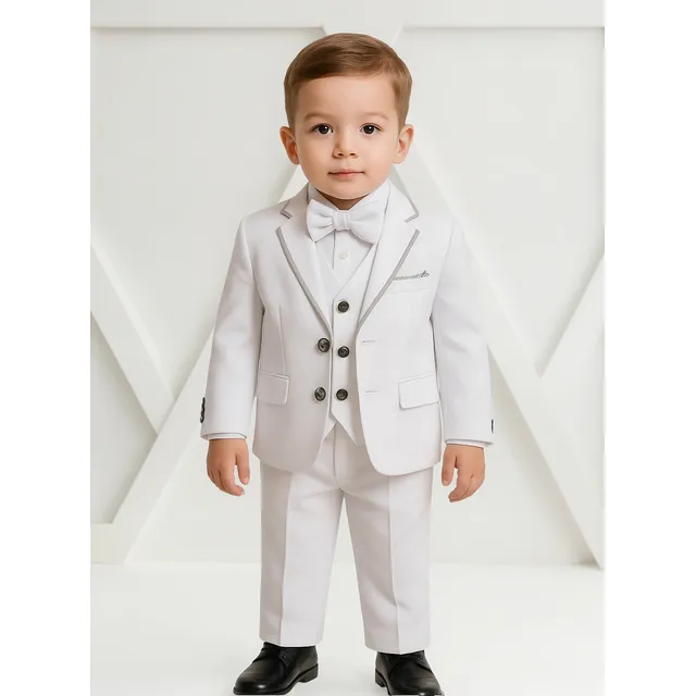 Traje Niño Ceremonia Chaleco Camisa Y Moña Blanco 1 Boton