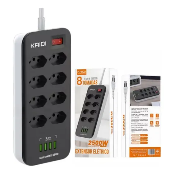 Extensão Elétrica Kaidi 8 Tomadas E 4 Usbs Cabo 2 Metros