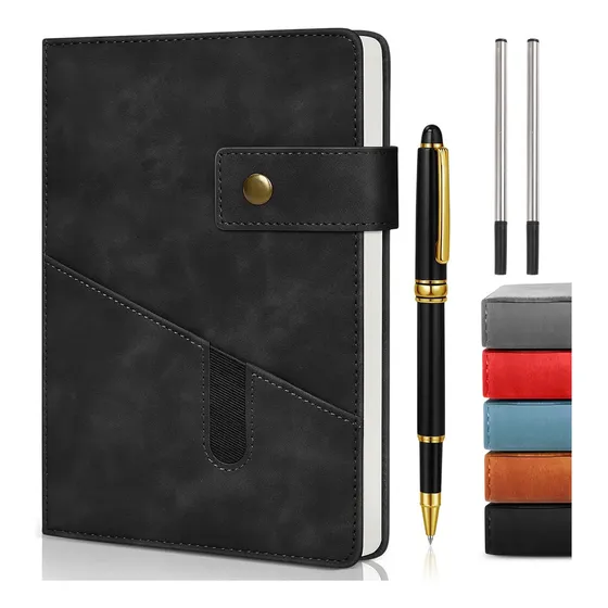 A5 Piel Vegana Cuaderno Con Bolsillo Y Bolígrafo 200 Páginas Color Negro