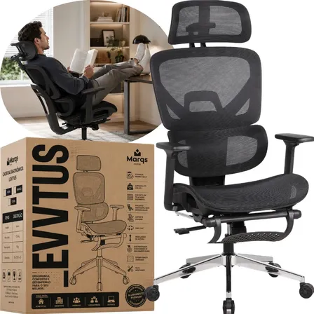 Cadeira De Escritorio Presidente Ergonômica nr17 Levitus Marqs Home Suporte Lombar 3D Apoio Para Pés Retrátil Encosto Braço Ajustável 200kg Resistente Malha Respirável Mesh Premium Preto