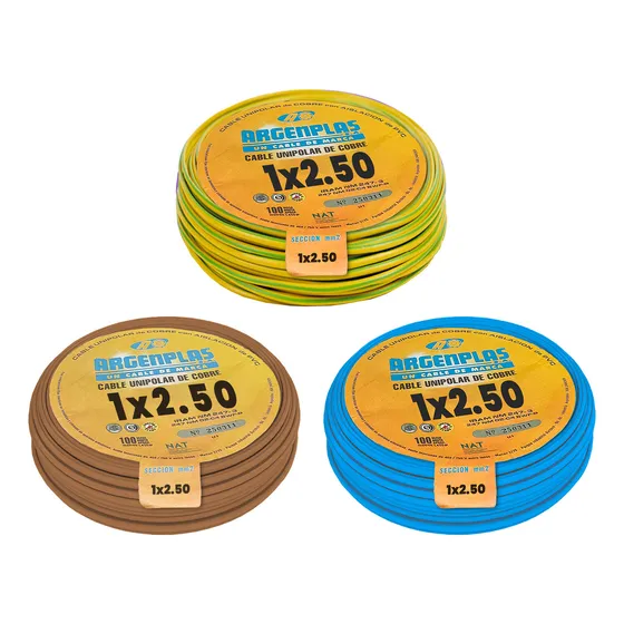 Cable Unipolar 2.5mm Argenplas Pack 3 Rollos De 100 Metros Cubierta Marrón, Celeste, Verde