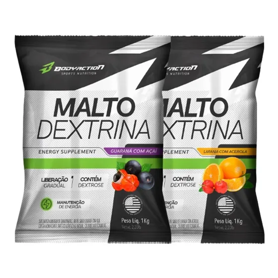 2x Maltodextrina Malto Dextrin 1kg - Bodyaction Sabor Guaraná com Açaí + Laranja com Acerola