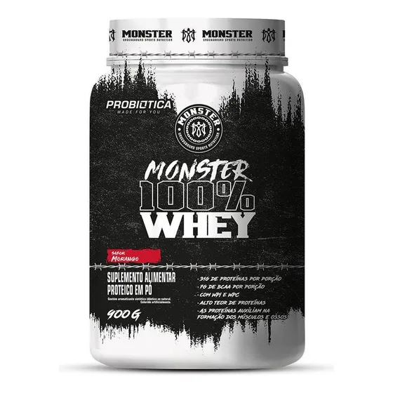 Monster 100% Whey 900g Probiótica Sabor Monster Morango
