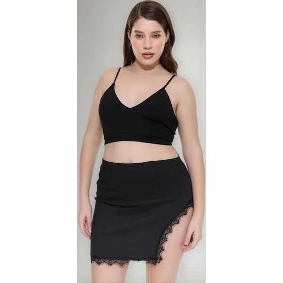 Pollera Mini De Bengalina Con Puntilla Mujer Marca Bonanza