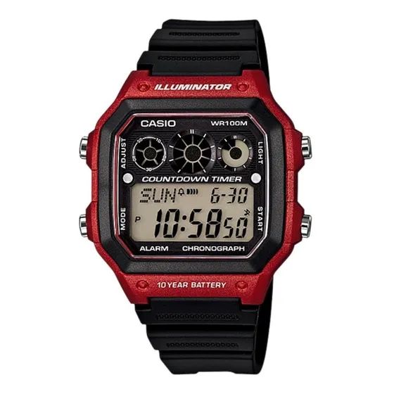 Reloj pulsera digital Casio AE-1300WH-4A con correa de resina color negro - bisel rojo/negro