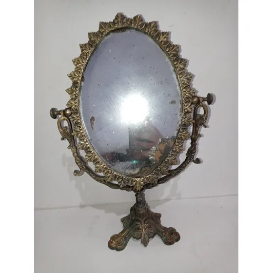 Espelho Antigo De Mesa Em Bronze Maciço Dourado Articulado