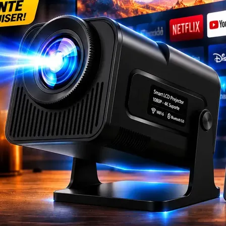 Projetor HY320 390 ANSI Full HD WiFi 6 4K Android Bluetooth 150 Polegadas HDMI USB Controle Remoto Bivolt Portátil Smart TV Cinema em Casa Filmes Séries Jogos Som Integrado Streaming Multimídia