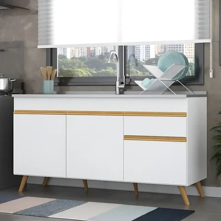 Balcão Cozinha Gabinete para Pia 150 cm 3 Portas 1 Gaveta Veneza GW Multimóveis MP2072 Branco