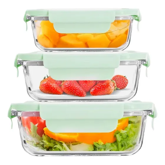 Set X 3 Tuper Vidrio Hermético Contenedores Tapa Rectangular Verde