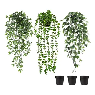 Pack X3 Plantas Artificiales Colgantes Decorativas Con Macetas Para Hogar U Oficina Verde Estilo 2