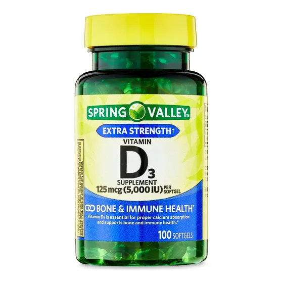 Vitamina D3 Spring Valley 5000 Ui 125 Mcg 100 Softgels Sabor Sin Sabor Es Una Forma Potente Y Activa De La Vitamina D que se crea en la piel de manera natural