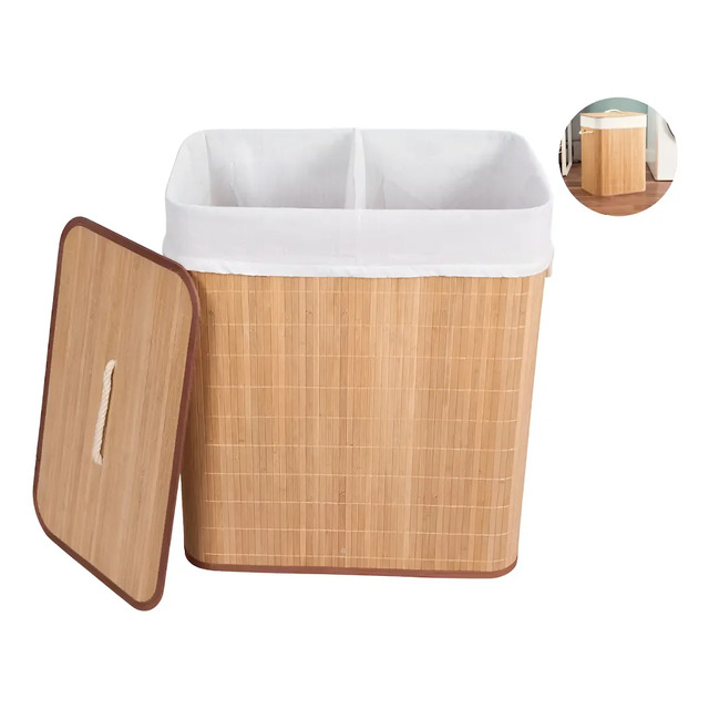 Cesto De Bambu Grande Duplo Com Divisorias Roupas Sujas Cor Marrom-claro