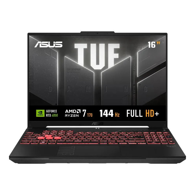 Notebook gamer ASUS TUF Gaming A16 na cor Mecha Gray, exibindo teclado com iluminação vermelha e tela de 16 polegadas com especificações técnicas visíveis