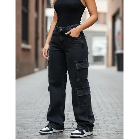 Calça Cargo 8 Bolsos Jeans Feminina Cintura Alta