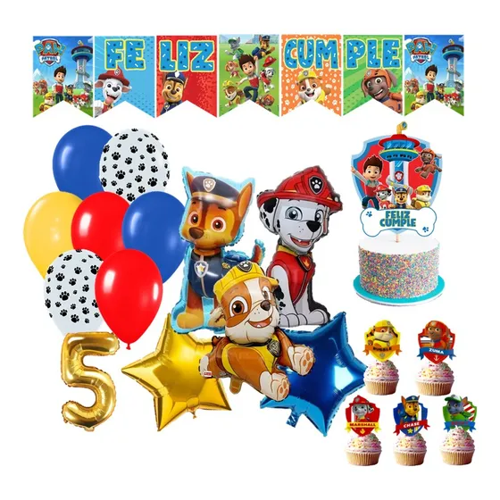 Combo Deco Globos Banderin Paw Patrol Feliz Cumple