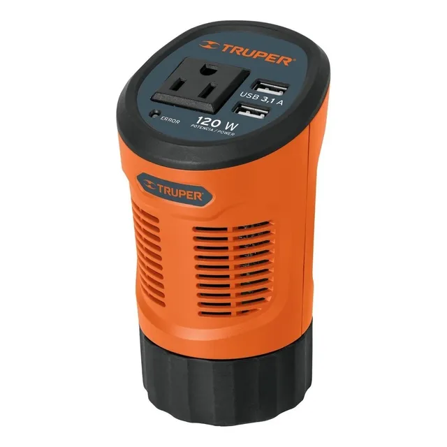 Inversor De Corriente Para Carro Tipo Vaso, 120 W, 2 puertos USB, Truper INCO-120